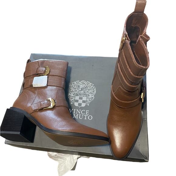 Vince Camuto Leather Buckle Mid-Shaft Zip Boots Kempreea Cocoa Biscuit 9.5 NIB - Picture 10 of 12